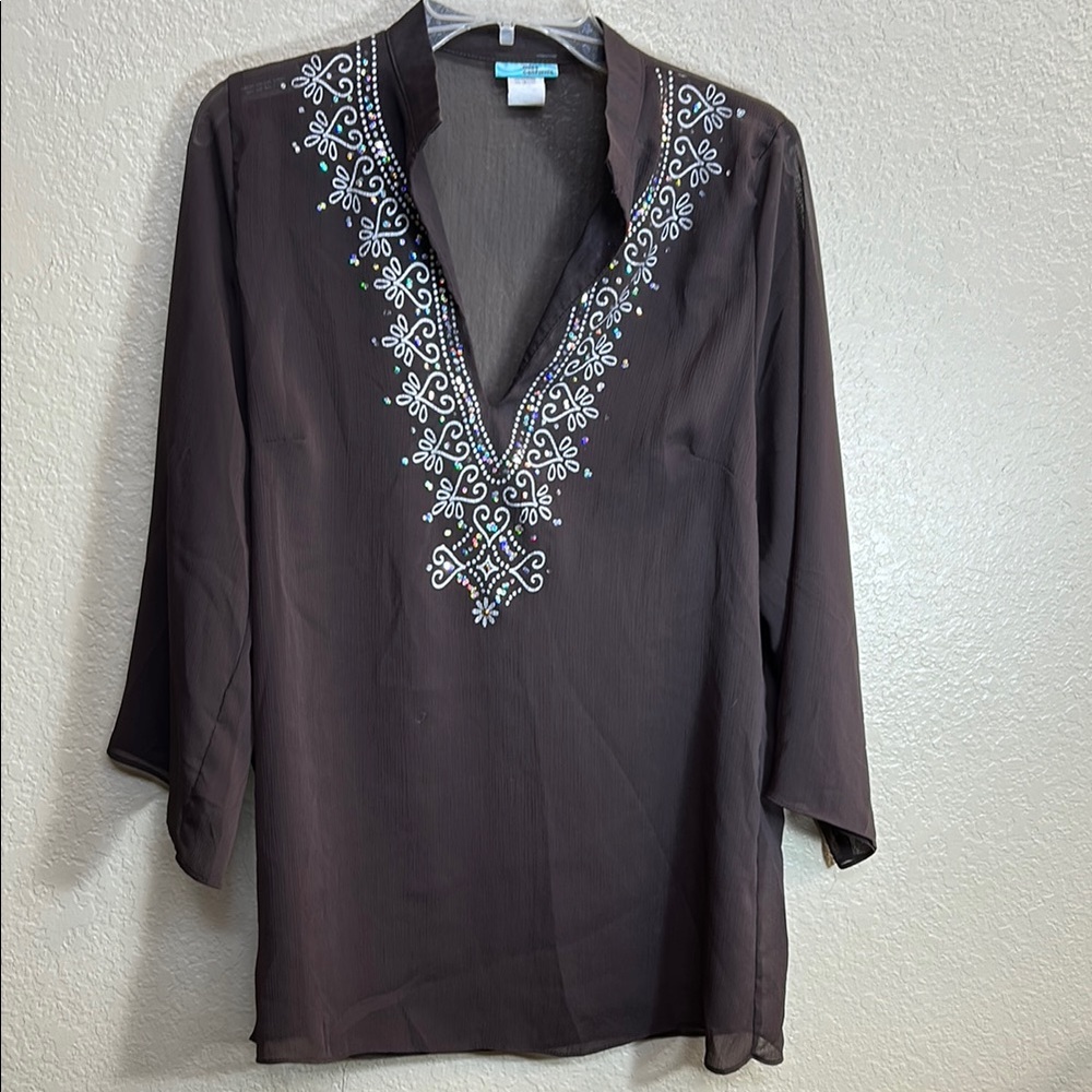 MISS CALIFORNIA Y2K Boho Festival Sheer V Neck Top with Sequins